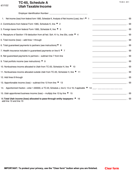 Fillable Form Tc65, Schedule A Utah Taxable 2011 printable