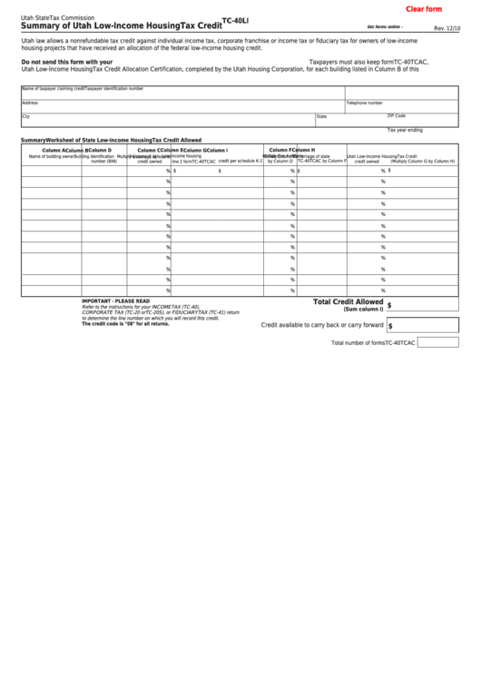 Fillable Form Tc40li Summary Of Utah Housing Tax Credit
