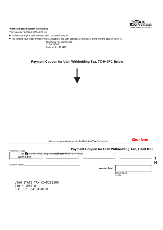 Fillable Form Tc941pc Payment Coupon For Utah Withholding Tax