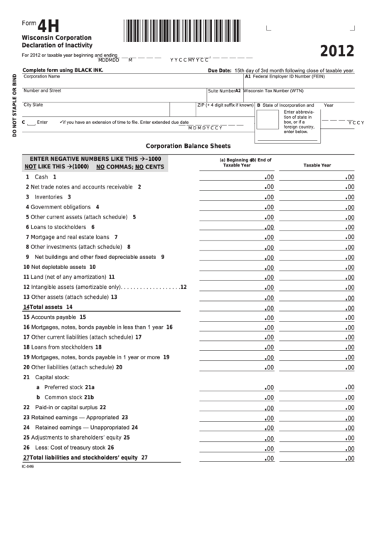 Fillable Form 4h Wisconsin Corporation Declaration Of Inactivity