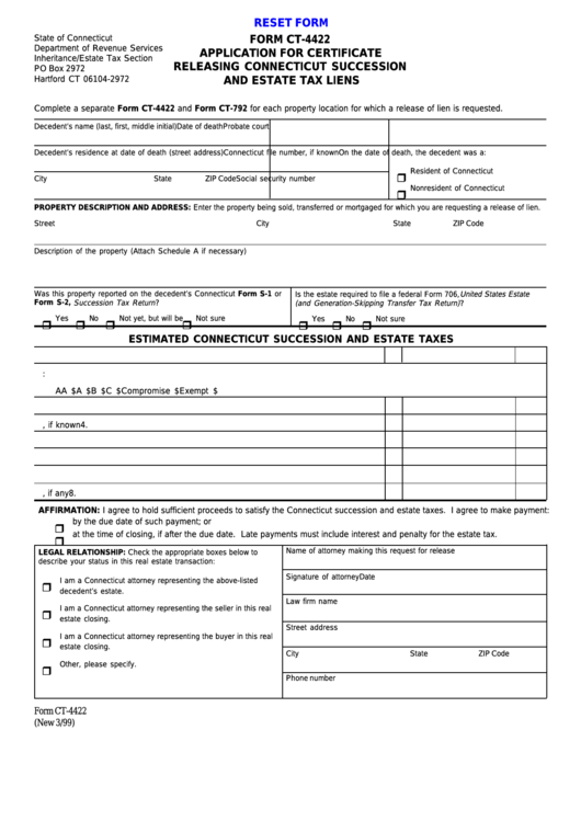 Fillable Form Ct4422 Application For Certificate Releasing Connecticut Succession And Estate
