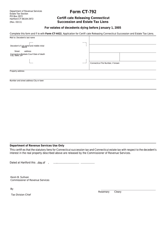 Form Ct792 Certificate Releasing Connecticut Succession And Estate Tax Liens printable pdf