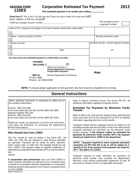 Fillable Arizona Form 120es Corporation Estimated Tax Payment 2013