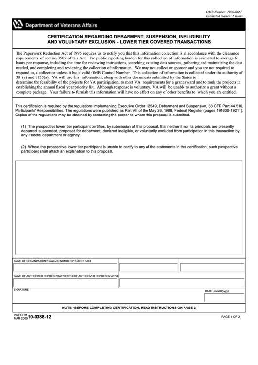 Fillable Va Form 10038812 Certification Regarding Debarment