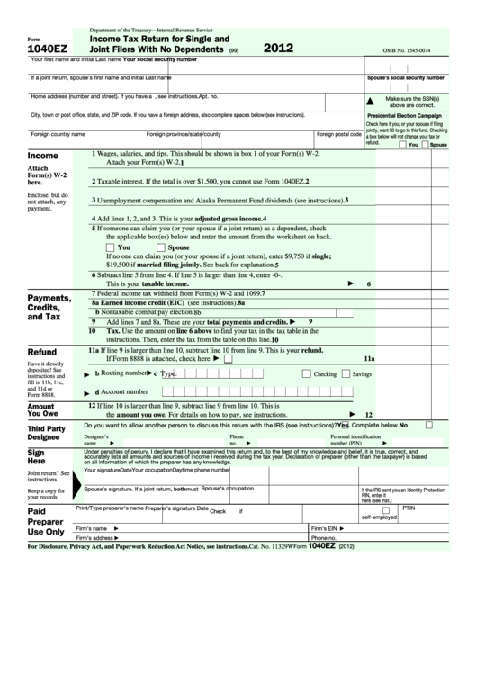 Fillable Form 1040ez - Income Tax Return For Single And Joint Filers