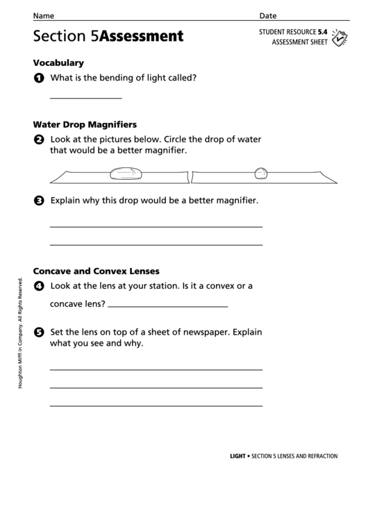 Section 5 Assessment Lenses And Refraction Physics Worksheet printable