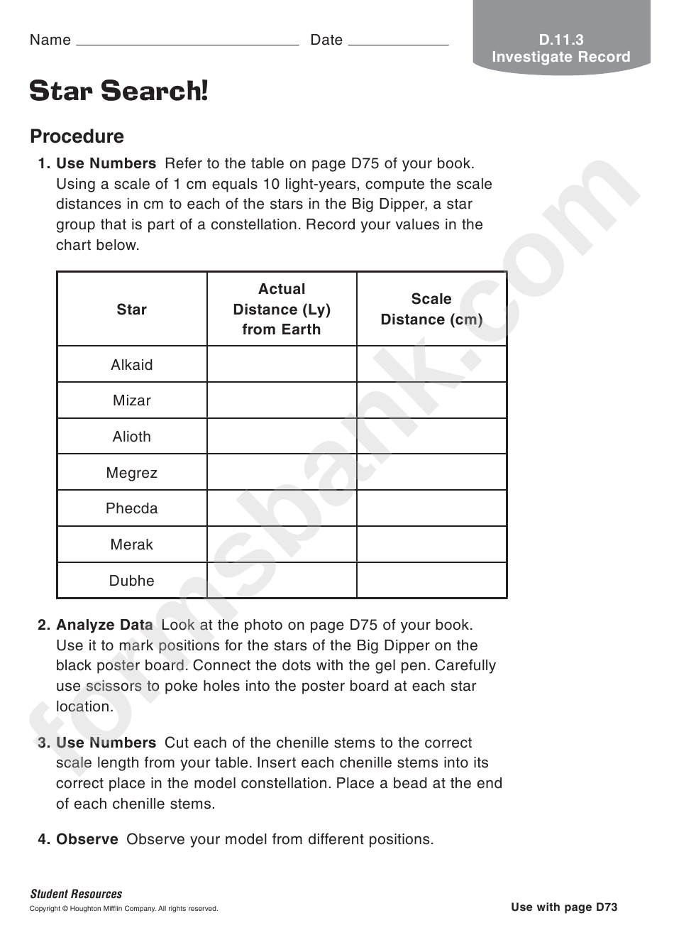 Star Search Astronomy Worksheet printable pdf download