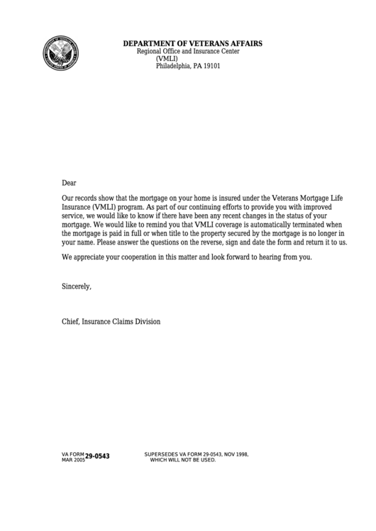 Fillable Va Form 290543 Veterans Mortgage Life Insurance Inquiry