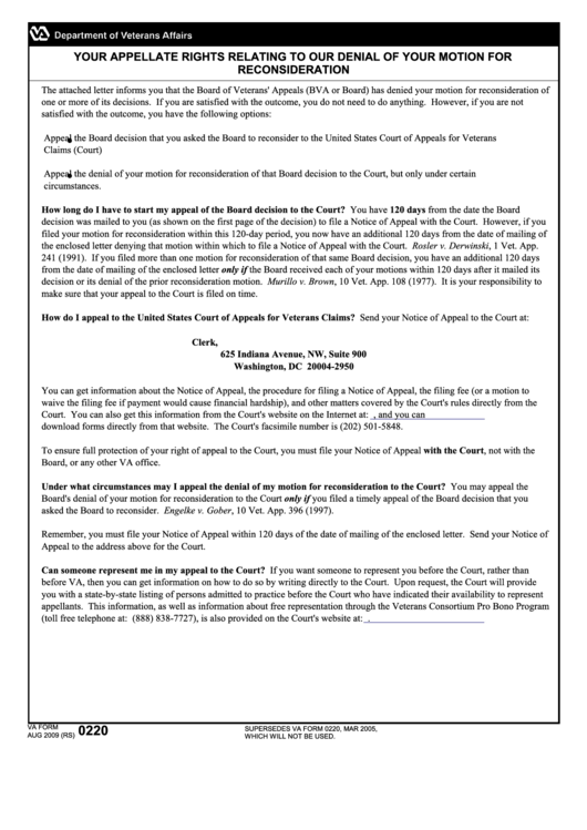 Va Form 0220 Your Appellate Rights Relating To Our Denial Of Your Motion For Reconsideration
