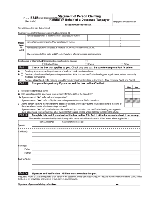 Form 5347 Statement Of Person Claiming Refund On Behalf Of A Deceased Taxpayer printable pdf