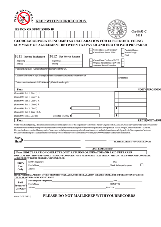 Form Ga8453c Corporate Tax Declaration For Electronic Filing