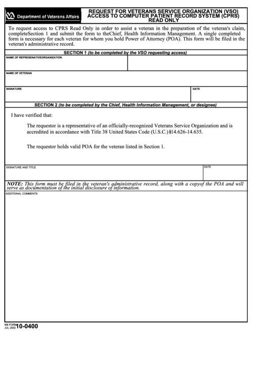 Va Form 100400 Request For Veterans Service Organization (Vso