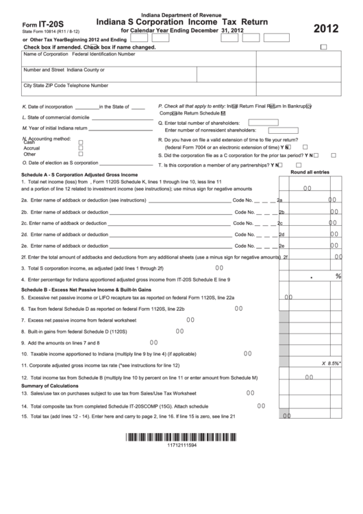 Fillable Form It20s Indiana S Corporation Tax Return 2012