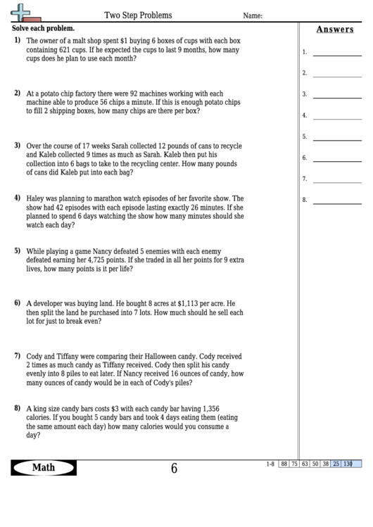 Two Step Problems Math Worksheet With Answers printable pdf download