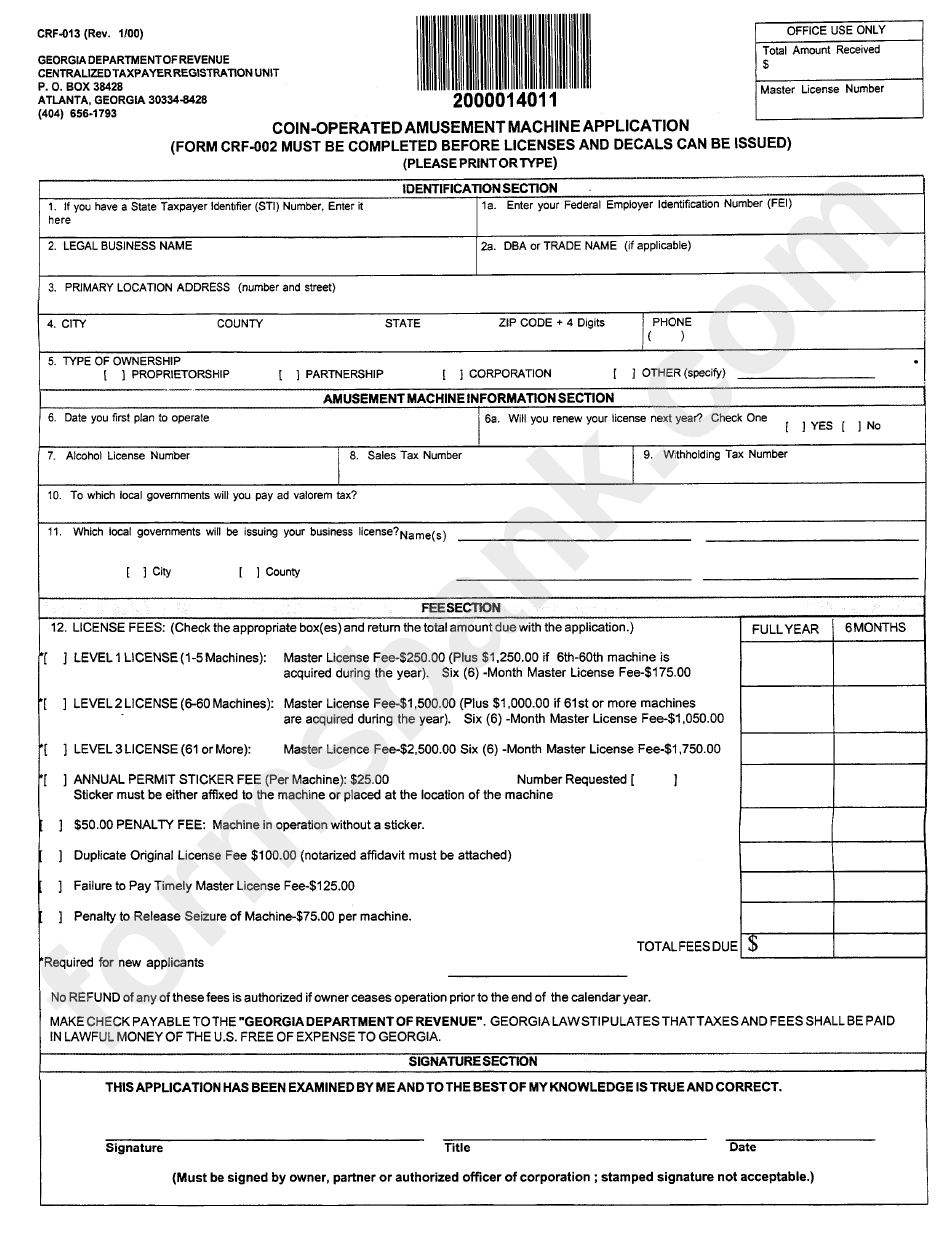 Form Crf013 CoinOperated Amusement Machine Application printable