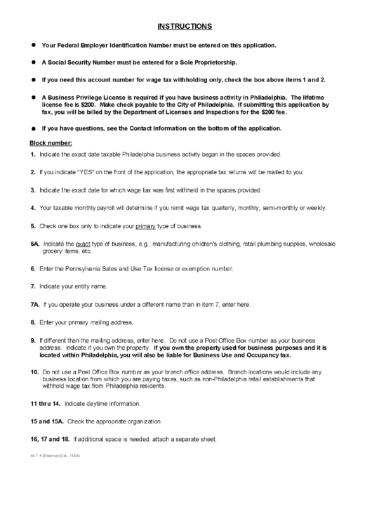 Instructions For Application For Philadelphia Business Tax