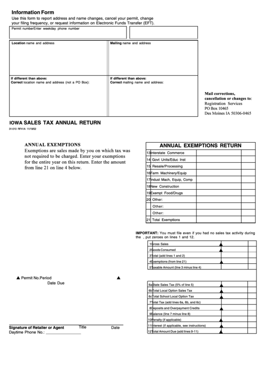 Information Form Iowa Sales Tax Annual Report printable pdf download