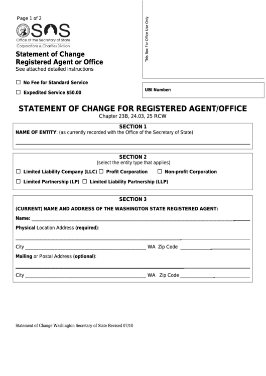 Fillable Form Statement Of Change For Registered Agent/office printable