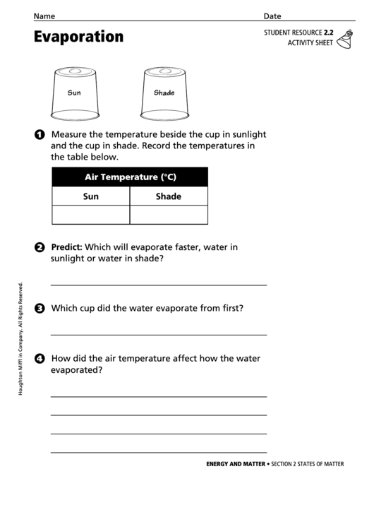Evaporation Physics Worksheet printable pdf download