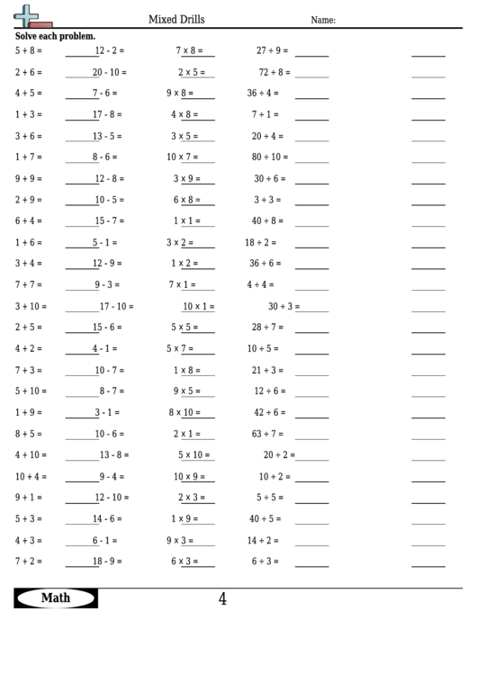 Mixed Drills - Math Worksheet With Answers printable pdf download