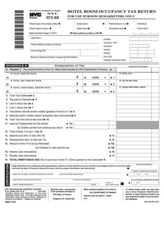 Form NycHtxRr Hotel Room Occupancy Tax Return For Use By Room
