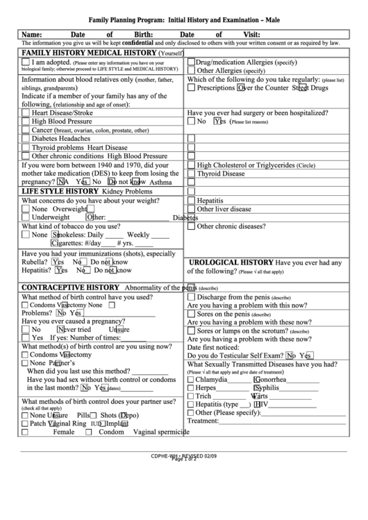 Initial History And Examination Form Male Family Planning Program