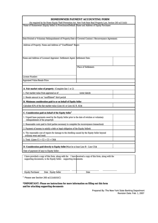 Homeowner Payment Accounting Form New York State Banking Department