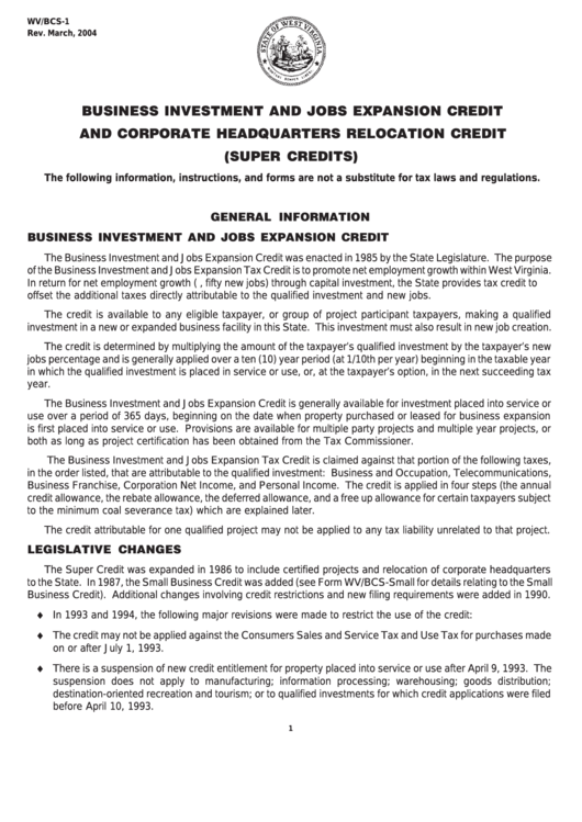 Form Wv/bcs1 West Virginia Business Investment And Jobs Expansion