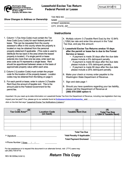 Form Rev 86 0059e Leasehold Excise Tax Return Federal Permit Or Lease