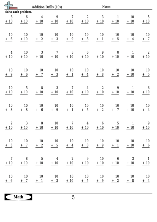 Addition Drills (10s) Worksheet Template With Answer Key printable pdf