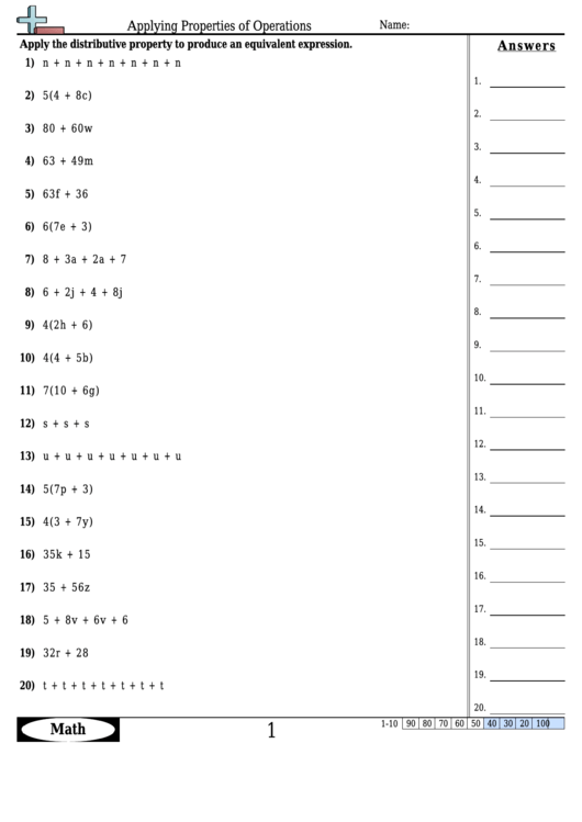 Applying Properties Of Operations Worksheet Template With Answer Key printable pdf download
