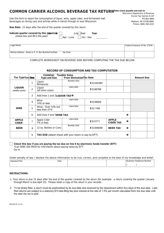 Form Ab154 Common Carrier Alcohol Beverage Tax Return printable pdf