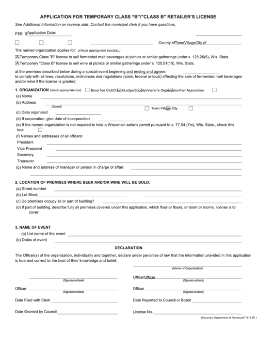 Form At315 Application For Temporary Class "B"/"Class B