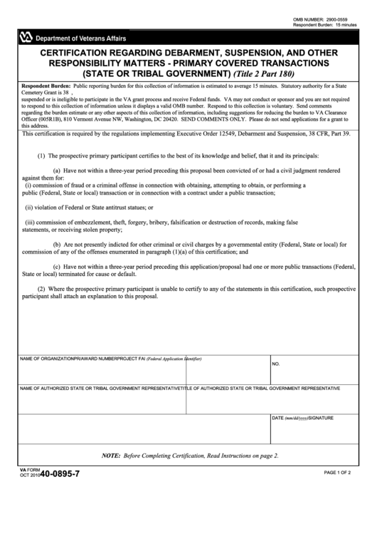 Fillable Va Form 4008957 Certification Regarding Debarment