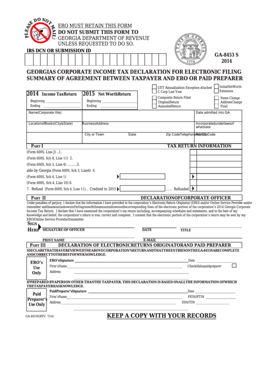 Fillable Form Ga8453 S S Corporate Tax Declaration