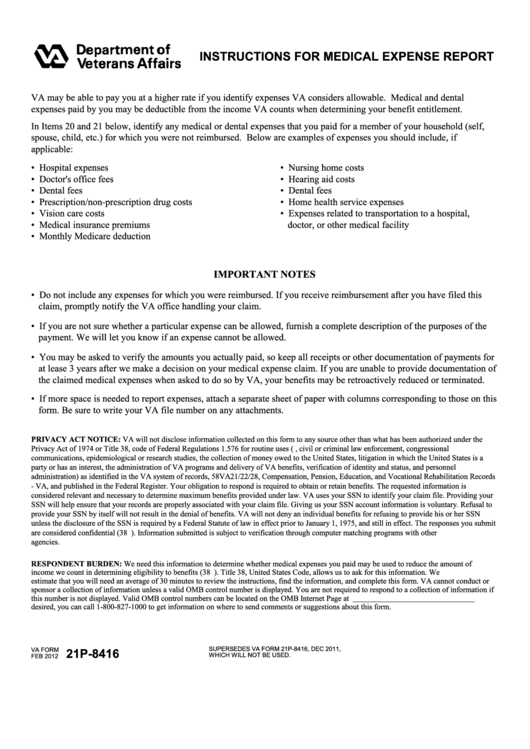 Fillable Va Form 21p8416 Medical Expense Report printable pdf download