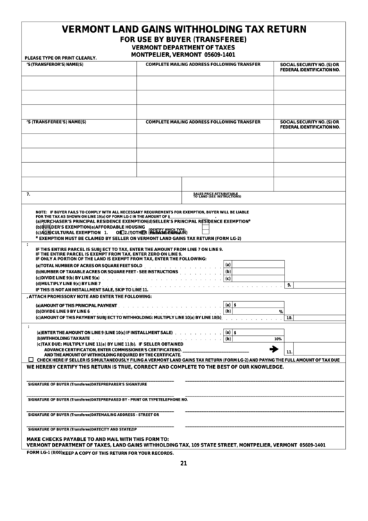 Form Lg1 Vermont Land Gains Withholding Tax Return printable pdf