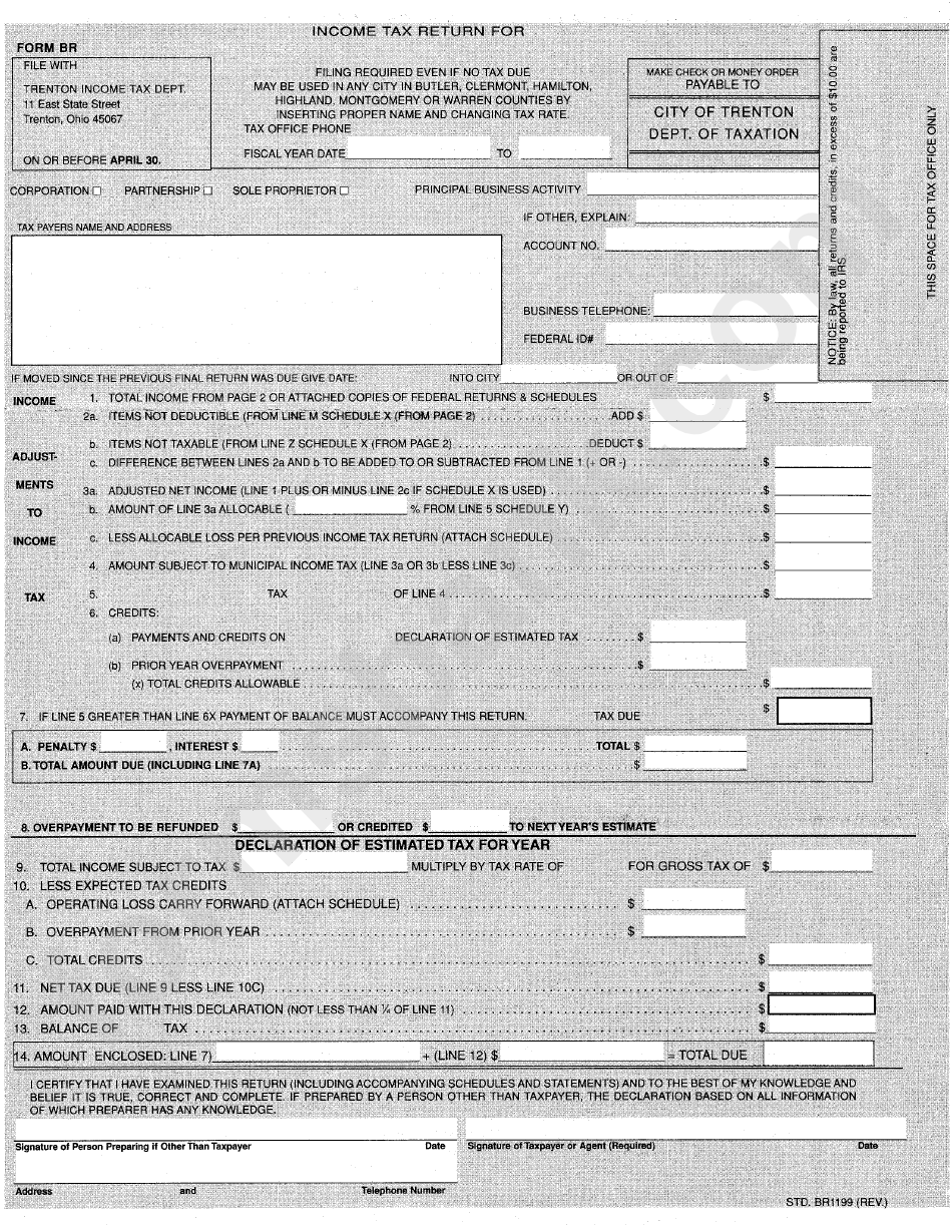 Form Br Tax Reurn City Of Trenton, Ohio printable pdf download