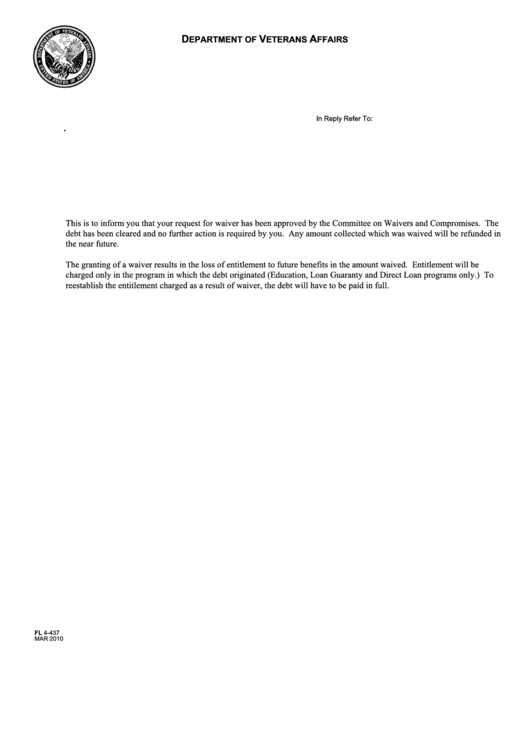 Fillable Va Form Fl 4437 Notice Of Approval Of Waiver Request