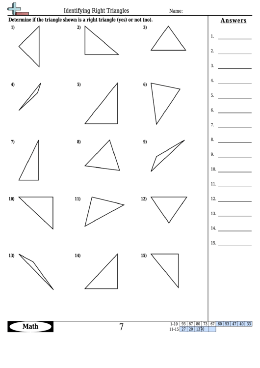 Identifying Right Triangles Worksheet Template With Answer Key
