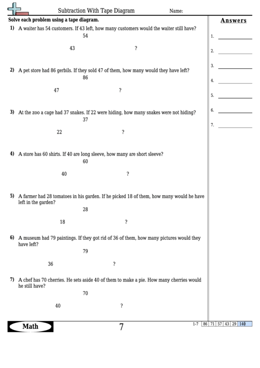 Subtraction With Tape Diagram Worksheet Template With Answer Key