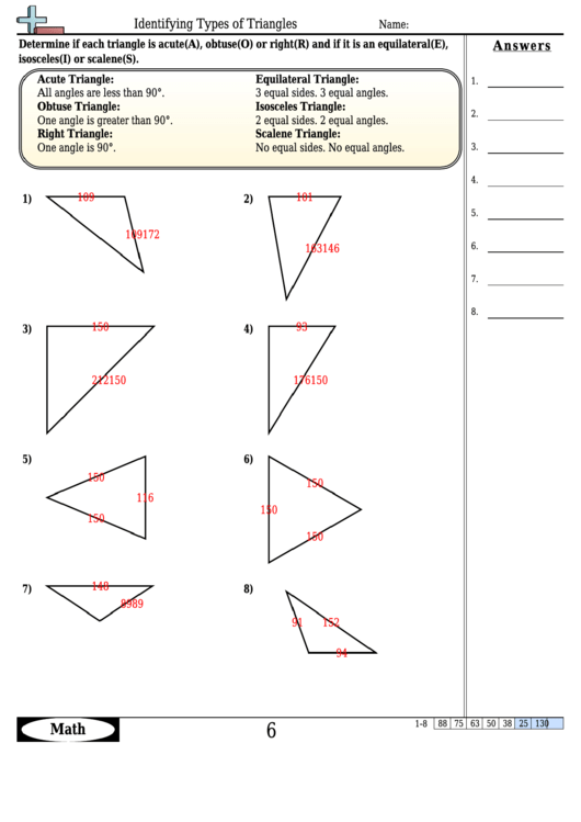 Identifying Types Of Triangles Worksheet Template With Answer Key