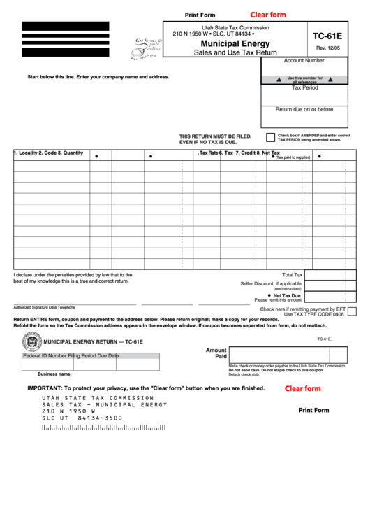 Fillable Form Tc61e Municipal Energy Sales And Use Tax Return