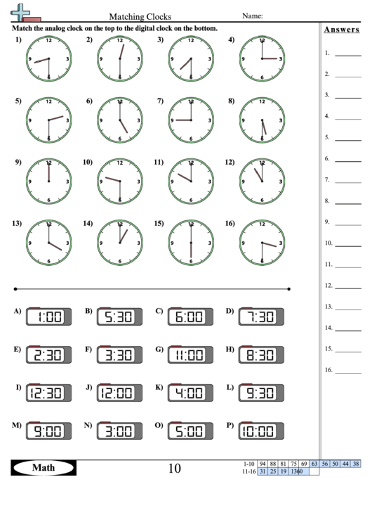 Matching Clocks Worksheet Template With Answer Key printable pdf download