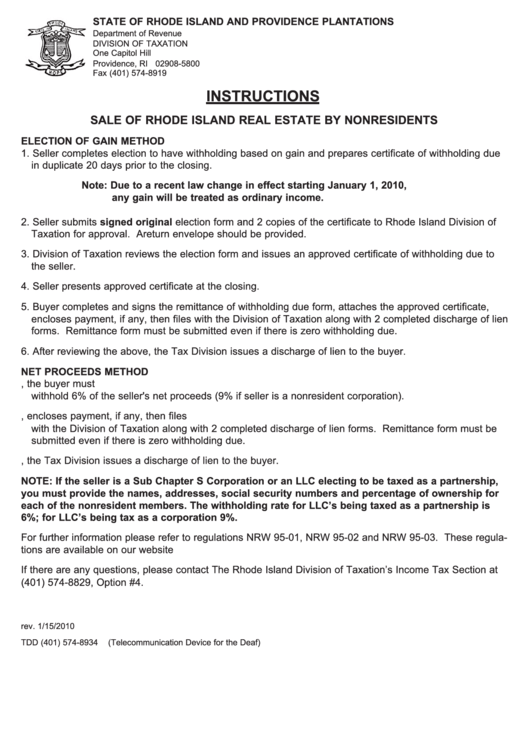 Instructions Sale Of Rhode Island Real Estate By Nonresidents