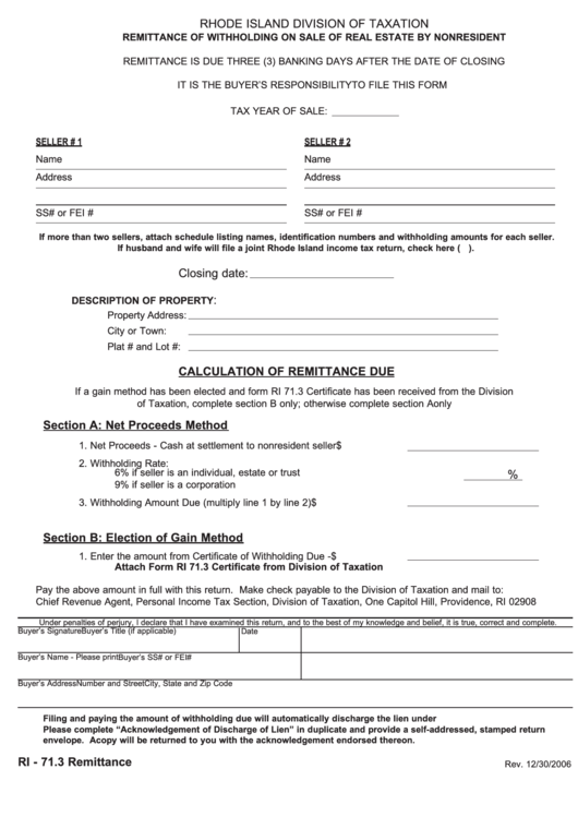Form Ri 71.3 Remittance Of Withholding On Sale Of Real Estate By