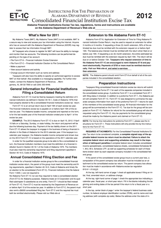 Instructions For Form Et1c Consolidated Financial Institution Excise