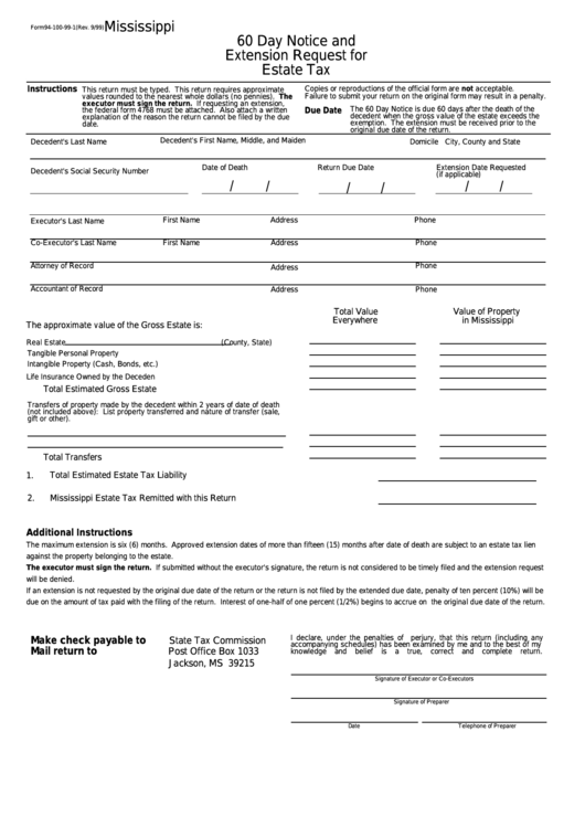 Form 94100991 Mississippi 60 Day Notice And Extension Request For