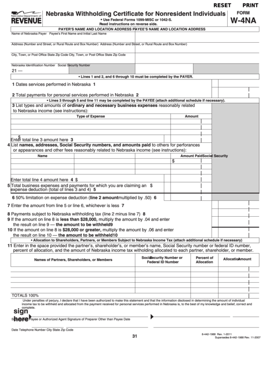 Fillable Form W4na Nebraska Withholding Certificate For Nonresident