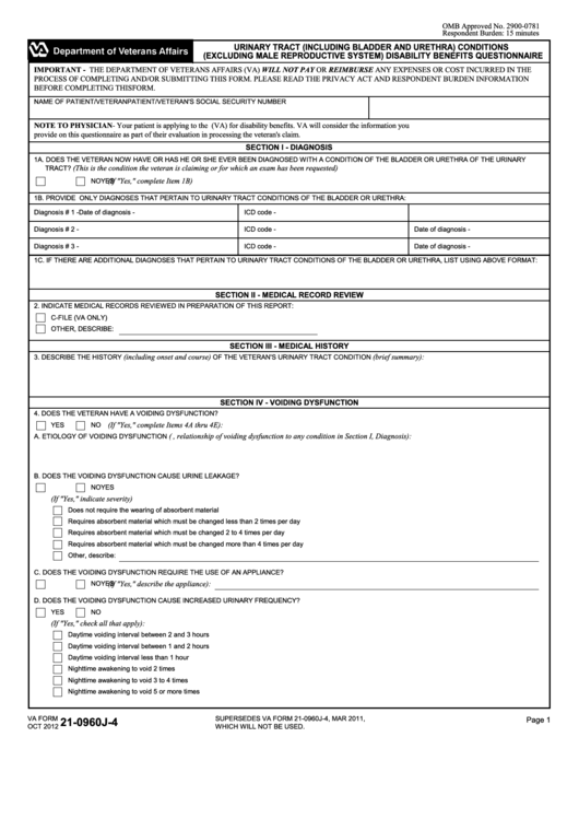 Fillable Va Form 210960j4 Urinary Tract (Including Bladder And Urethra) Conditions